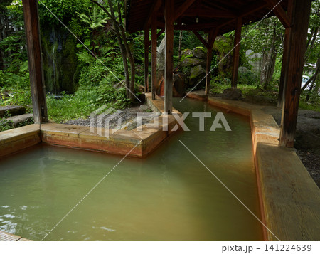 夏の観光名所平湯温泉街の足湯の風景 夏の観光名所平湯温泉街の足湯の風景 141224639