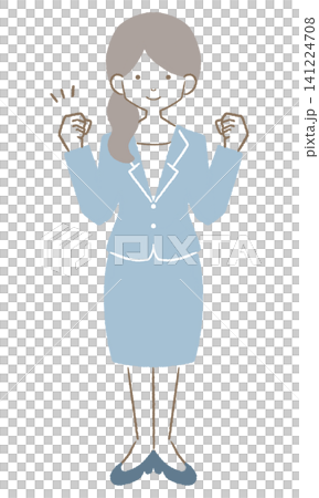 New female employee strikes victory pose in full blue suit New female employee strikes victory pose in full blue suit 141224708