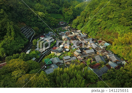 静岡県宇津ノ谷集落を緑の山々とともに俯瞰した空撮写真 141225031