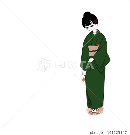 落ち葉の中を散策する着物女性 秋の風景 落ち葉の中を散策する着物女性 秋の風景 141225147