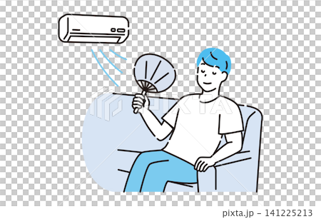 A man cooling off with an air conditioner and a fan. A man cooling off with an air conditioner and a fan. 141225213