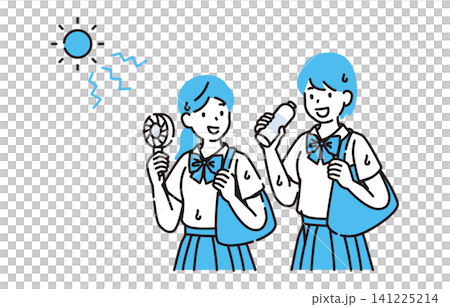 高中女生在炎熱的夏天保持水分充足,並使用風扇降溫。 高中女生在炎熱的夏天保持水分充足,並使用風扇降溫。 141225214