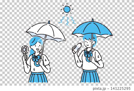 夏日里,兩個人撐著遮陽傘,拿著便攜式風扇,喝著飲料消暑。 夏日里,兩個人撐著遮陽傘,拿著便攜式風扇,喝著飲料消暑。 141225295