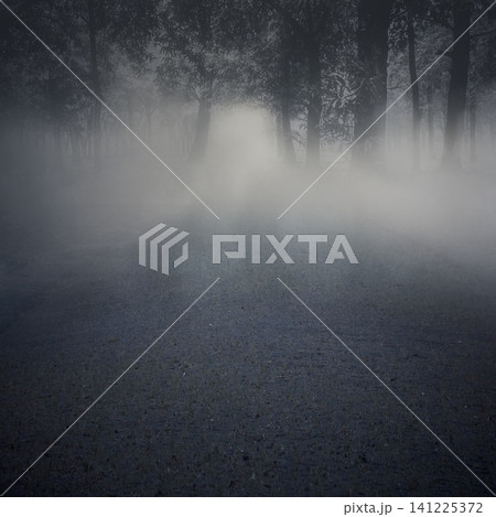 A spooky asphalt road covered in thick white fog leading into a mysterious, eerie forest. Halloween background 141225372