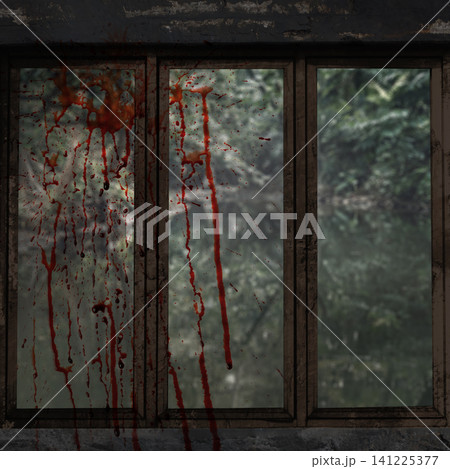A close-up view of a dirty, weathered window frame covered in realistic blood splatters and streaks, looking out onto a dark, mysterious, and ominous forest background. Halloween background A close-up view of a dirty, weathered window frame covered in realistic blood splatters and streaks, looking out onto a dark, mysterious, and ominous forest background. Halloween background 141225377