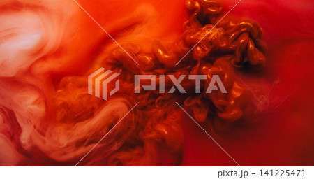 Vapor flow. Ink swirl. Red orange shimmering art smoke liquid stream blend color. Fume bright twist abstract water blur background. 141225471