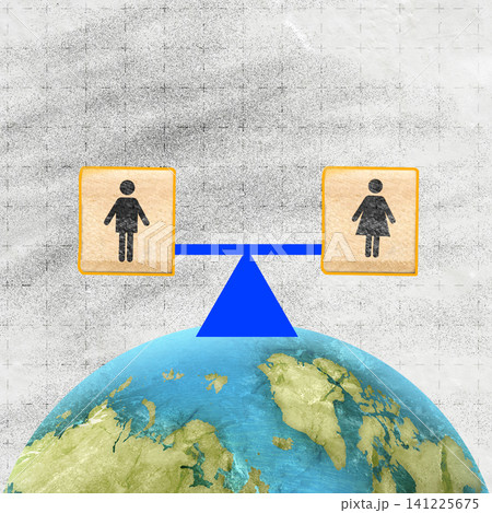 Conceptual illustration showing gender equality with male and female icons balanced on a scale over planet Earth, symbolizing global equal rights 141225675