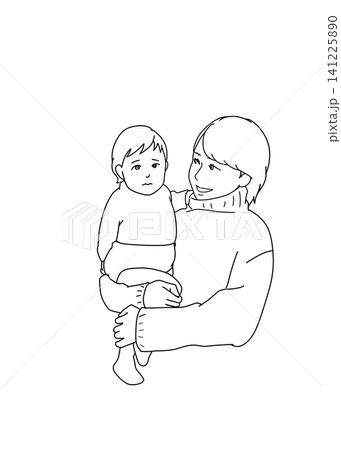 赤ちゃんを抱っこするお母さんの線画イラスト 赤ちゃんを抱っこするお母さんの線画イラスト 141225890