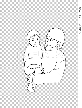 赤ちゃんを抱っこするお母さんの線画イラスト 赤ちゃんを抱っこするお母さんの線画イラスト 141225890