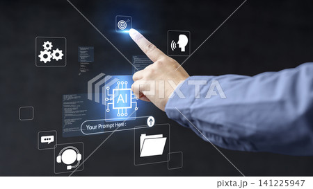 Businessman pointing finger at glowing AI chip hologram with futuristic technology icons and coding interface against a dark background with copy space Businessman pointing finger at glowing AI chip hologram with futuristic technology icons and coding interface against a dark background with copy space 141225947