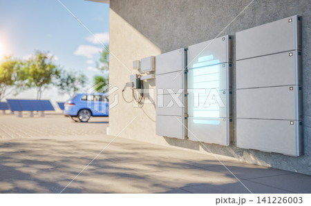Group of home batteries or energy storage systems in garage Group of home batteries or energy storage systems in garage 141226003