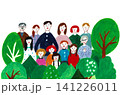 森とたくさんの人々・多様性・家族の温かみのあるアナログイラスト 141226011