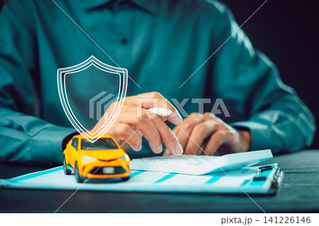 Professional agent uses calculator for car insurance investment, transport protection service provides vehicle safety care and finance assurance with yellow toy car on clipboard Professional agent uses calculator for car insurance investment, transport protection service provides vehicle safety care and finance assurance with yellow toy car on clipboard 141226146