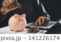 Responsible person putting money saving for retirement, financial bank assurance future, economic finance wealth loan, using laptop and piggy bank for budget planning income investment 141226174