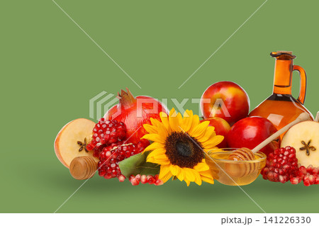 Colorful fruits, honey, and sunflowers brighten the green Colorful fruits, honey, and sunflowers brighten the green 141226330