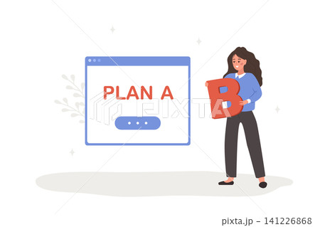 Plan B concept. Business woman at starting point with difficult choice and decision for plan A or plan B for her project. Vector illustration in flat cartoon style Plan B concept. Business woman at starting point with difficult choice and decision for plan A or plan B for her project. Vector illustration in flat cartoon style 141226868