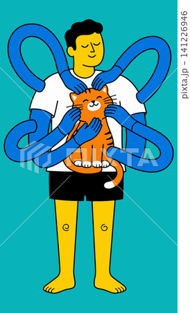 Man being hugged by multiple blue arms while holding a cat Man being hugged by multiple blue arms while holding a cat 141226946