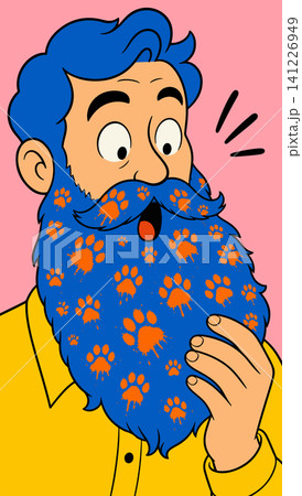 Man with Blue Beard Covered in Orange Paw Prints 141226949
