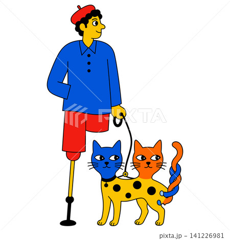 Man with Prosthetic Leg Walking Two Cats on a Leash Man with Prosthetic Leg Walking Two Cats on a Leash 141226981
