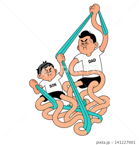 Father and Son Struggling with Resistance Bands 141227001