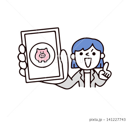 家計簿アプリを使っている若いスーツの女性のイラスト 家計簿アプリを使っている若いスーツの女性のイラスト 141227743