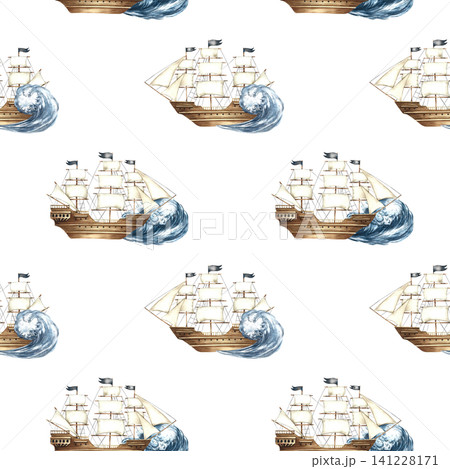 Seamless pattern with sailing ships on the waves. Hand-drawn watercolor illustrations. Perfect for textiles, wrapping paper, packaging, backgrounds, and more. 141228171