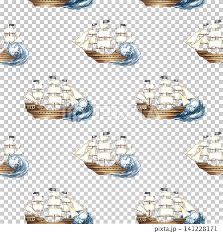 Seamless pattern with sailing ships on the waves. Hand-drawn watercolor illustrations. Perfect for textiles, wrapping paper, packaging, backgrounds, and more. Seamless pattern with sailing ships on the waves. Hand-drawn watercolor illustrations. Perfect for textiles, wrapping paper, packaging, backgrounds, and more. 141228171