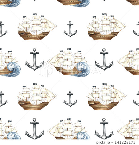 Seamless pattern with sailing ships and anchors. Hand-drawn watercolor illustrations. Perfect for textiles, wrapping paper, packaging, backgrounds, and more. 141228173