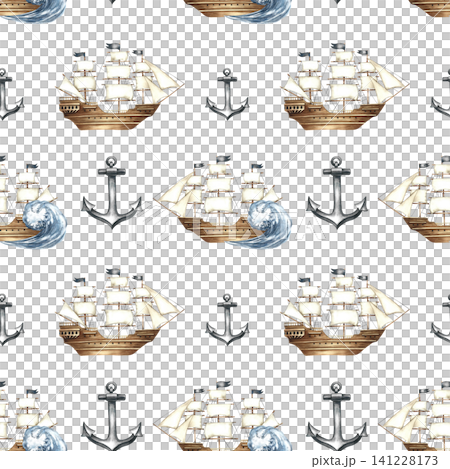 Seamless pattern with sailing ships and anchors. Hand-drawn watercolor illustrations. Perfect for textiles, wrapping paper, packaging, backgrounds, and more. 141228173