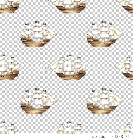 Seamless pattern with sailing ships. Hand-drawn watercolor illustrations. Perfect for textiles, wrapping paper, packaging, backgrounds, and more. Seamless pattern with sailing ships. Hand-drawn watercolor illustrations. Perfect for textiles, wrapping paper, packaging, backgrounds, and more. 141228176