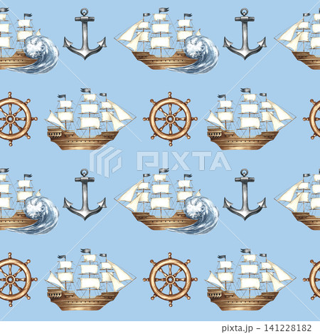 Seamless pattern with sailing ships, anchors, and ship's wheels. Hand-drawn watercolor illustrations. On a blue background. Perfect for textiles, wrapping paper, packaging, backgrounds, and more. Seamless pattern with sailing ships, anchors, and ship's wheels. Hand-drawn watercolor illustrations. On a blue background. Perfect for textiles, wrapping paper, packaging, backgrounds, and more. 141228182