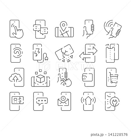 Mobile device functions line icons digital communications Mobile device functions line icons digital communications 141228576