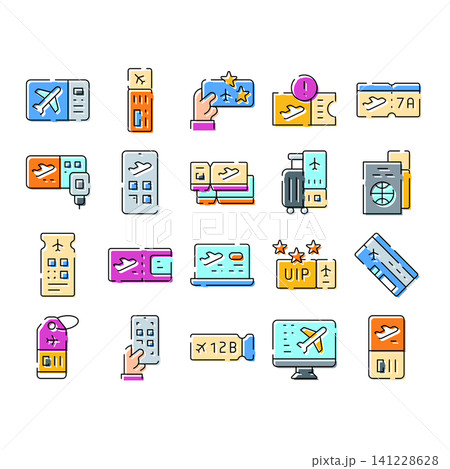 Air travel planning and flight booking icons Air travel planning and flight booking icons 141228628