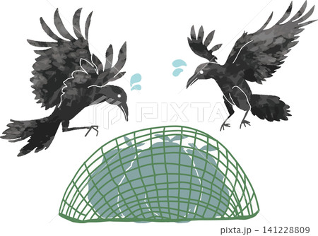 防鳥ネットでゴミを荒らせず困るカラスのイラスト（ゴミ出しマナー・カラスよけ対策） 141228809