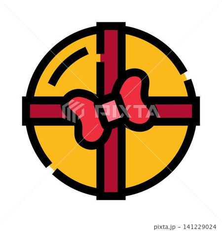 Yellow round gift box with red ribbon and bow Yellow round gift box with red ribbon and bow 141229024