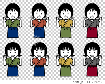 [Alternate color] Icon of a woman in a samue (traditional Japanese work clothes) and apron making a victory pose. 141229752