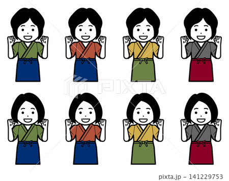 [髪型違い] [色違い] ガッツポーズをする作務衣に前掛けの女性のアイコン 141229753