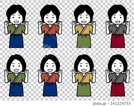 [髪型違い] [色違い] ガッツポーズをする作務衣に前掛けの女性のアイコン 141229753