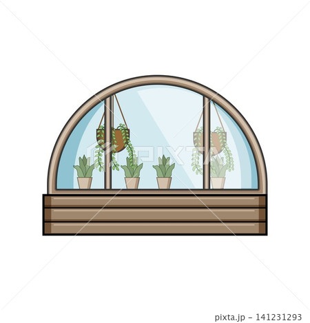 Greenhouse window with potted plants receiving sun 141231293