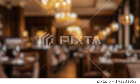 Blurred luxury restaurant interior background empty set tables dark wood warm glowing sphere lights elegant dining room romantic dinner catering hospitality design template Blurred luxury restaurant interior background empty set tables dark wood warm glowing sphere lights elegant dining room romantic dinner catering hospitality design template 141231958