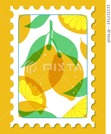 Vintage Risograph Style Postage Stamp Illustration of Fresh Lemons 141232135