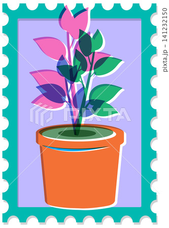 Retro Risograph Style Potted Monstera Plant on Postage Stamp Illustration Retro Risograph Style Potted Monstera Plant on Postage Stamp Illustration 141232150