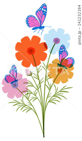 Vibrant Risograph Vector Illustration of Cosmos Flowers and Butterflies 141232164