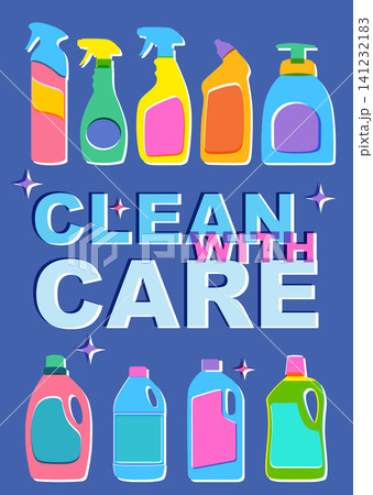 Risograph Style Poster with Cleaning Supplies and Clean With Care Text Risograph Style Poster with Cleaning Supplies and Clean With Care Text 141232183