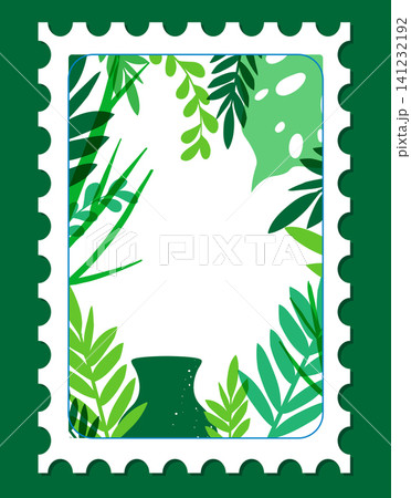 Risograph Style Postage Stamp Illustration with Tropical Green Monstera Foliage 141232192