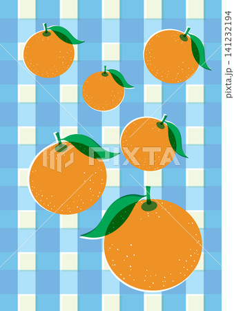Retro Risograph Vector Illustration of Oranges on Blue Checkered Background Retro Risograph Vector Illustration of Oranges on Blue Checkered Background 141232194