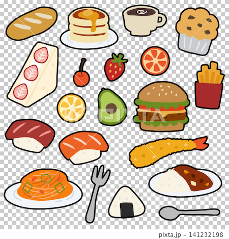 A set of vector illustrations of food in the style of stickers and decals. 141232198