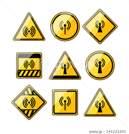 Radiation warning signs set, signal transmission symbols Radiation warning signs set, signal transmission symbols 141232203