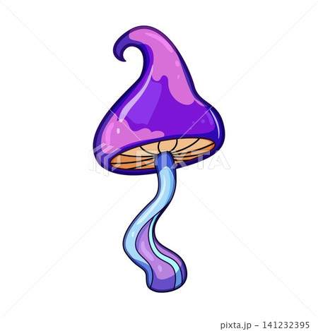 Trippy mushroom with curved stem and vibrant colors 141232395
