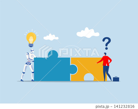 Businessman with robot new joiner to connect jigsaw puzzle,New joiner to fill in team and solve problem, put right man in the right job to fit job Businessman with robot new joiner to connect jigsaw puzzle,New joiner to fill in team and solve problem, put right man in the right job to fit job 141232816